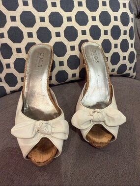 GUESS Cream Bow Cork Wedge Peep-Toe Mules